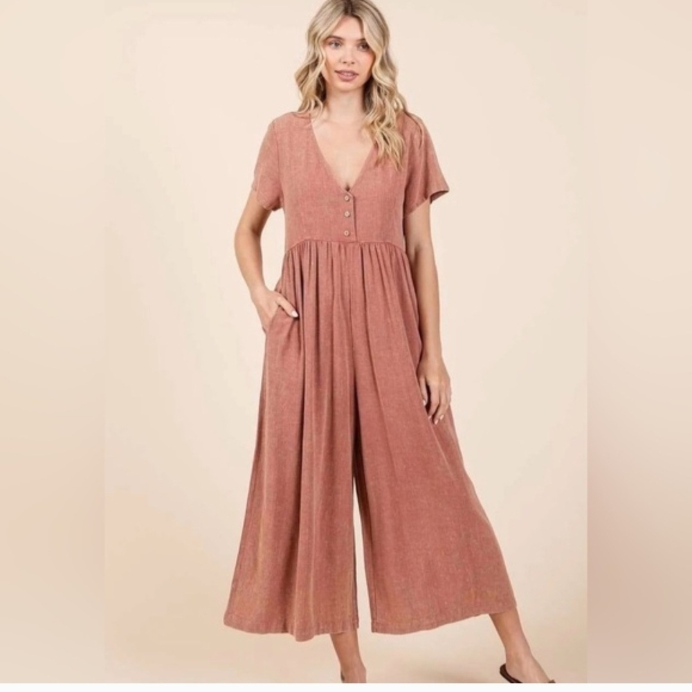 Three Bird Nest Rosewood Button-Front Crop Wide-Leg Jumpsuit Size Med NWT
